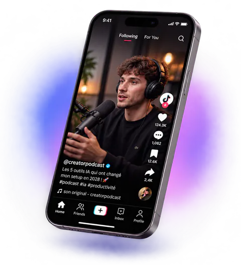 Smartphone affichant un Short vertical sous-titré, entouré d'un halo néon